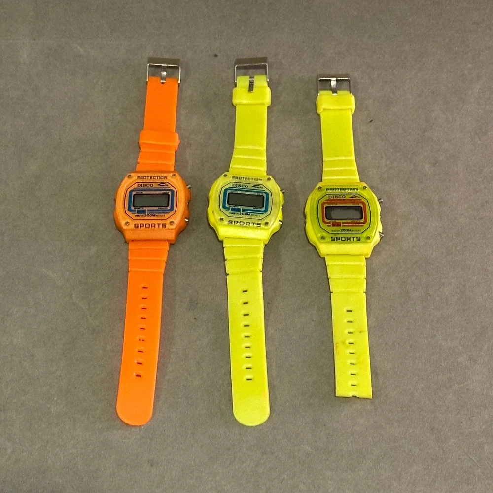 Vintage Disco Sports Digital Watch‎ Lot 3pc Neon Orange Yellow Retro 80s Style